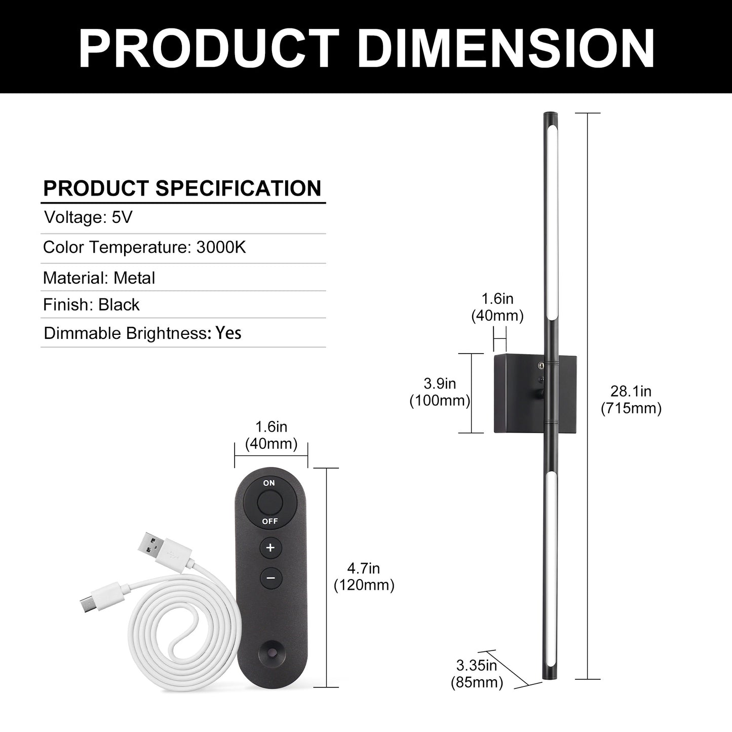 2-Light Black LED Wall Sconce with Remote Control, Wireless Installation, USB Charging, Wall Decor Set of 2