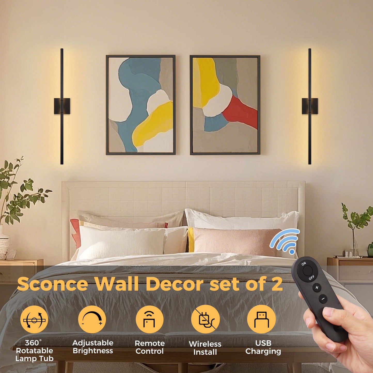 2-Light Black LED Wall Sconce with Remote Control, Wireless Installation, USB Charging, Wall Decor Set of 2