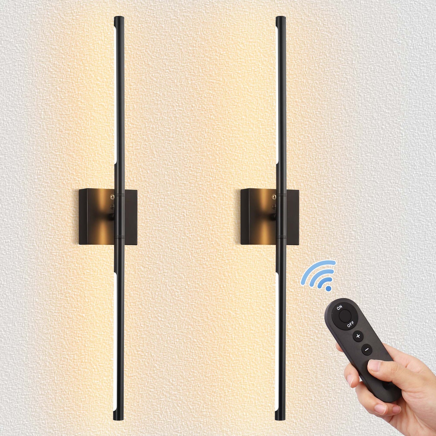 2-Light Black LED Wall Sconce with Remote Control, Wireless Installation, USB Charging, Wall Decor Set of 2