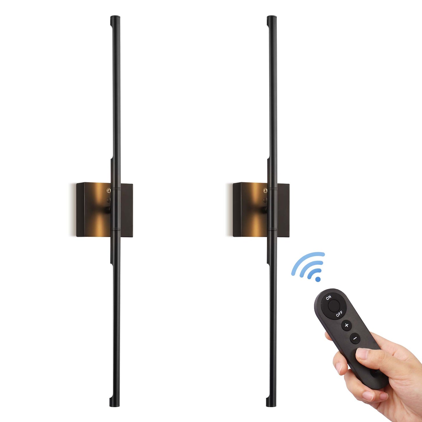 2-Light Black LED Wall Sconce with Remote Control, Wireless Installation, USB Charging, Wall Decor Set of 2