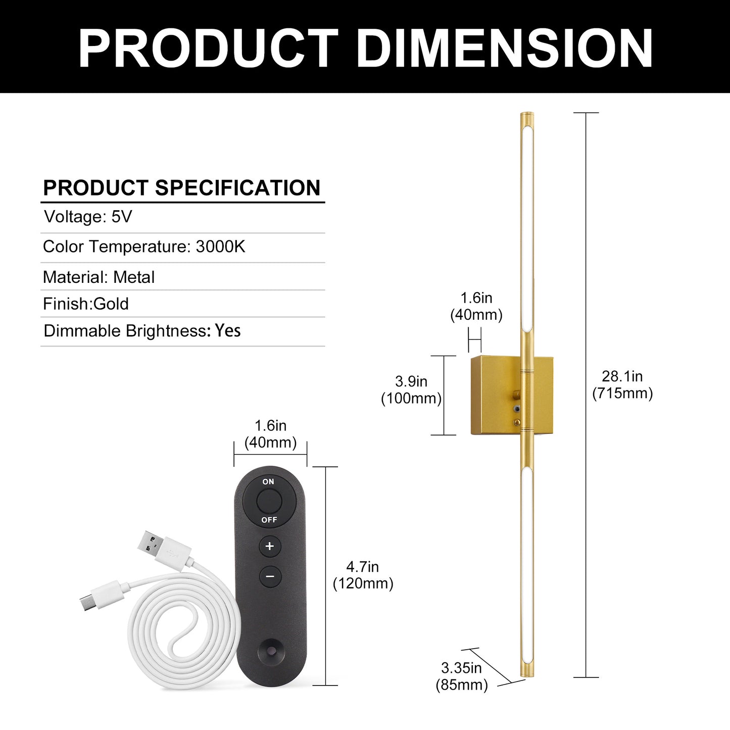 2-Light Gold Dimmable LED Wall Sconce with Remote Control, Wireless Installation, USB Charging, Wall Decor(2-Pack)