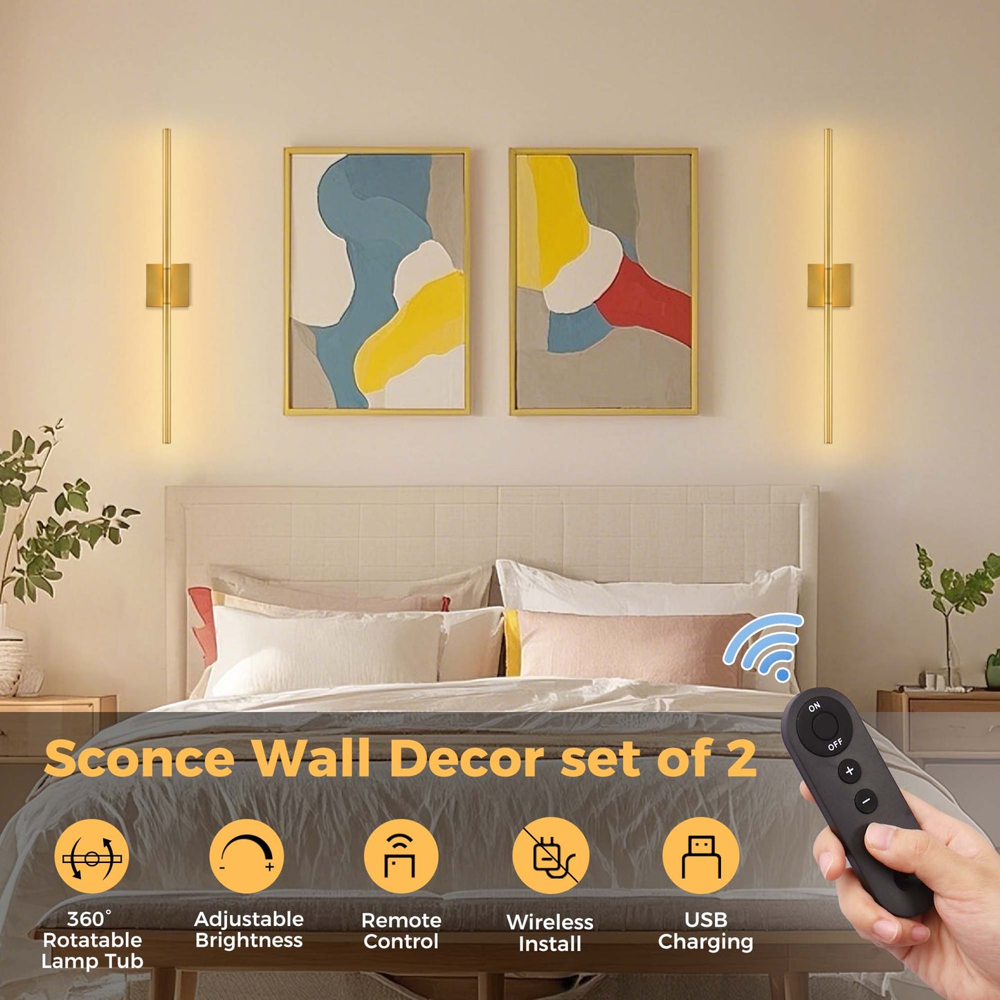 2-Light Gold Dimmable LED Wall Sconce with Remote Control, Wireless Installation, USB Charging, Wall Decor(2-Pack)