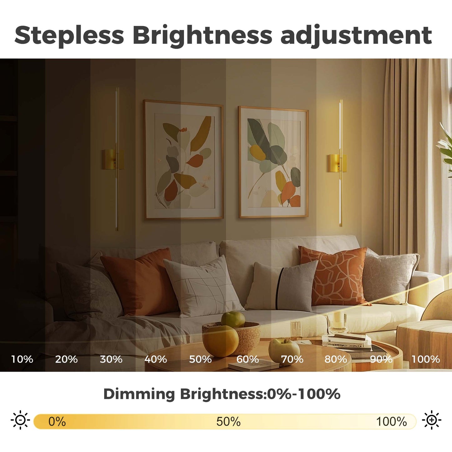 2-Light Gold Dimmable LED Wall Sconce with Remote Control, Wireless Installation, USB Charging, Wall Decor(2-Pack)