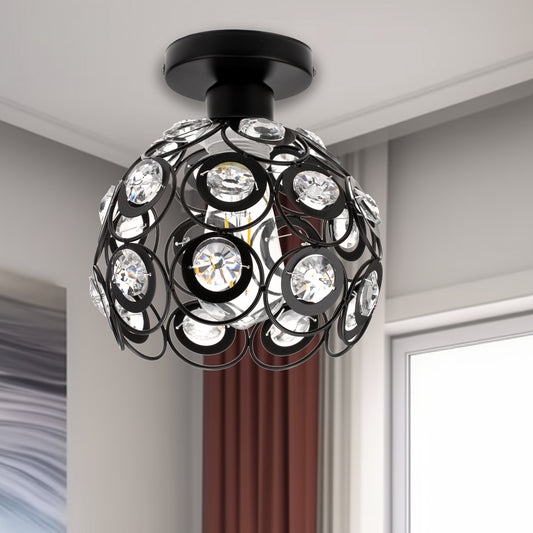 7 in. 1-Light Black Semi Flush Mount Ceiling Light Fixture with Antique Metal Crystal Shade