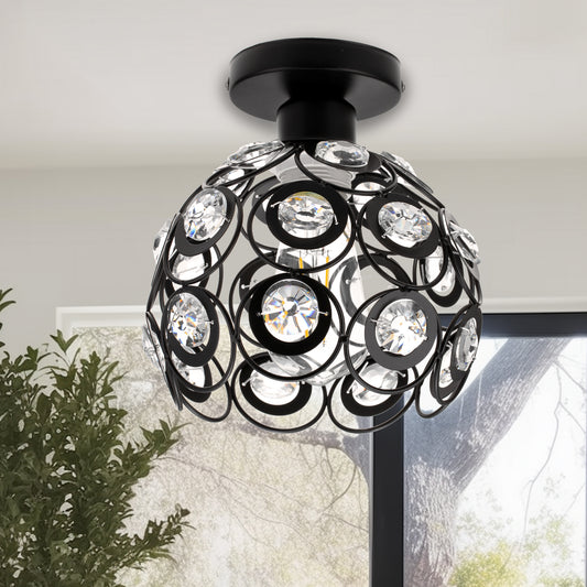 YANSUN 7 in. 1-Light Black Semi Flush Mount Ceiling Light Fixture with Antique Metal Crystal Shade