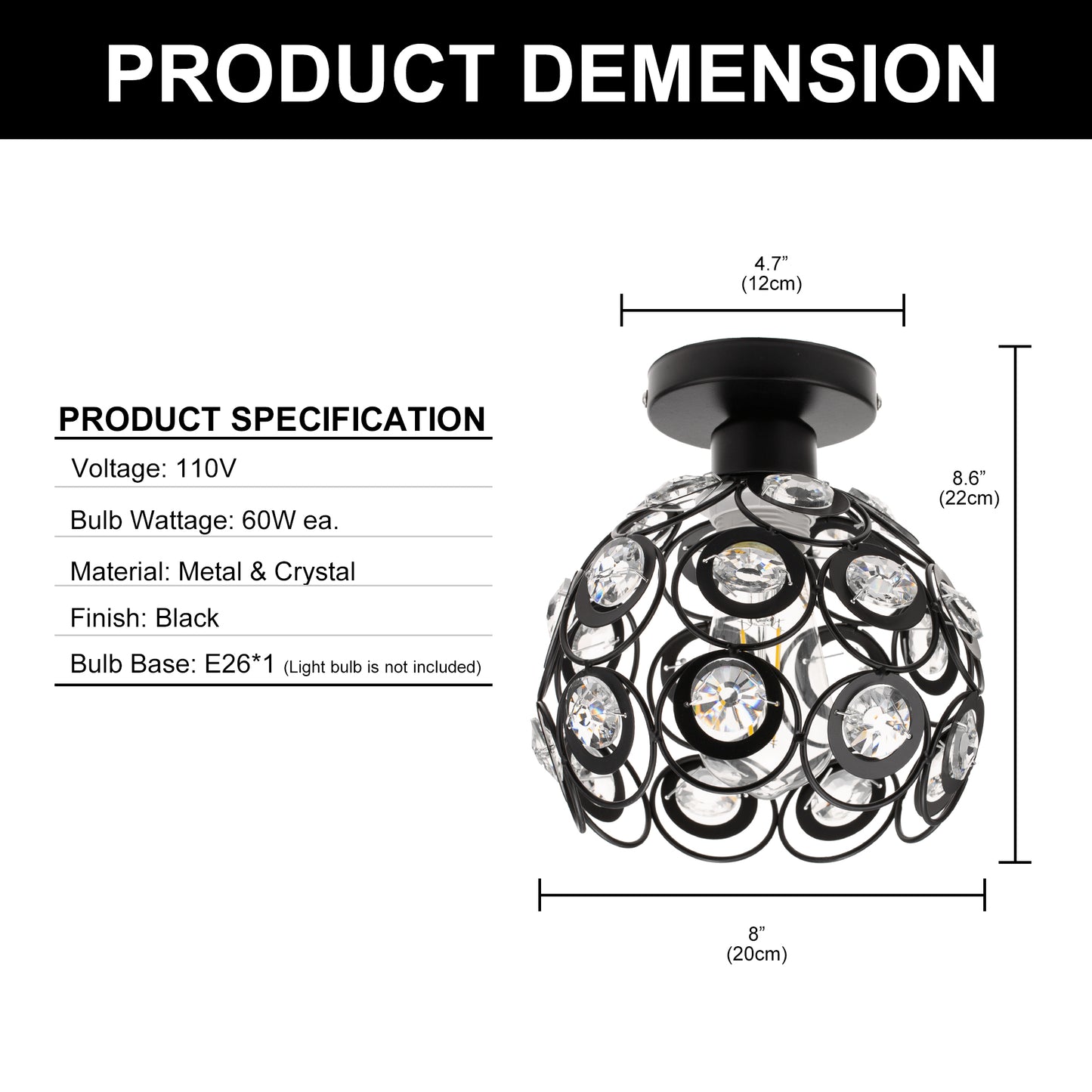 7 in. 1-Light Black Semi Flush Mount Ceiling Light Fixture with Antique Metal Crystal Shade
