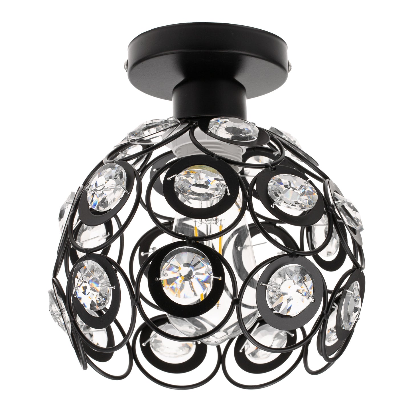 7 in. 1-Light Black Semi Flush Mount Ceiling Light Fixture with Antique Metal Crystal Shade