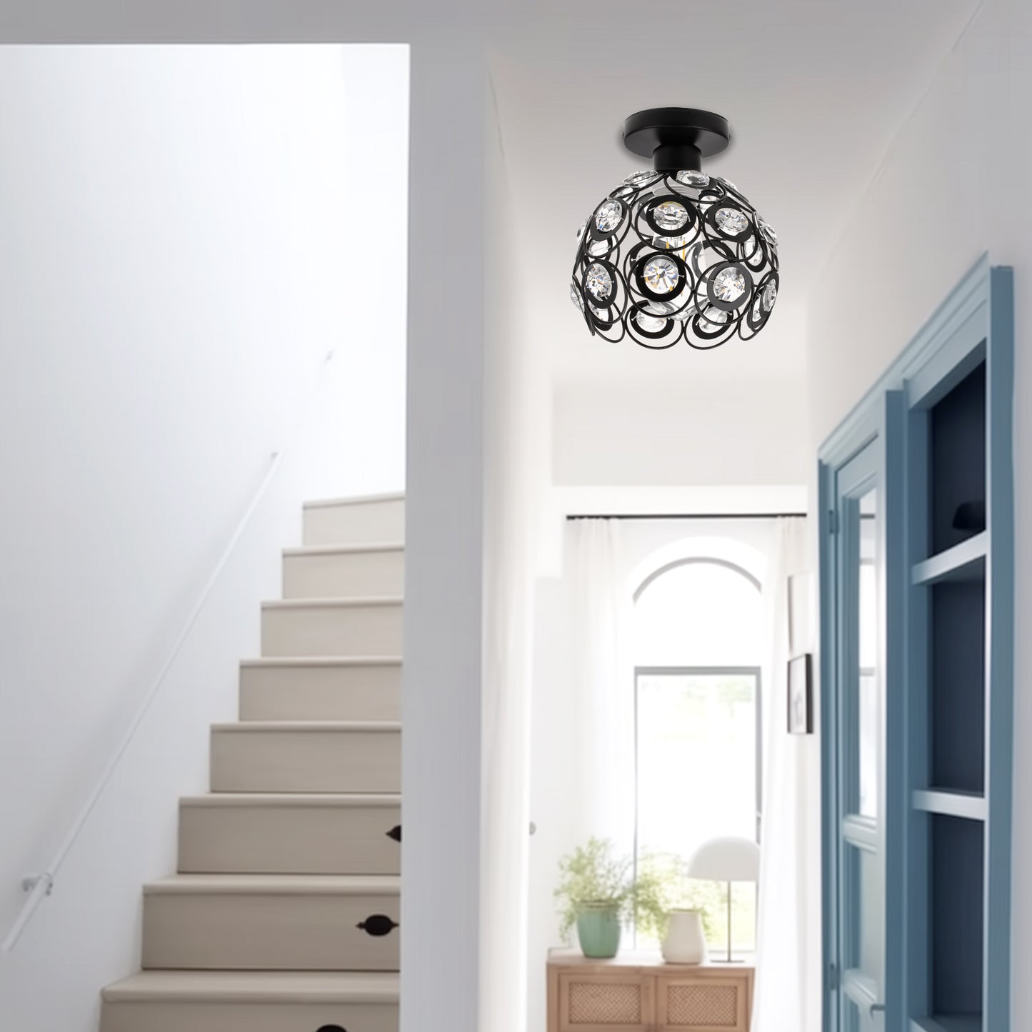7 in. 1-Light Black Semi Flush Mount Ceiling Light Fixture with Antique Metal Crystal Shade