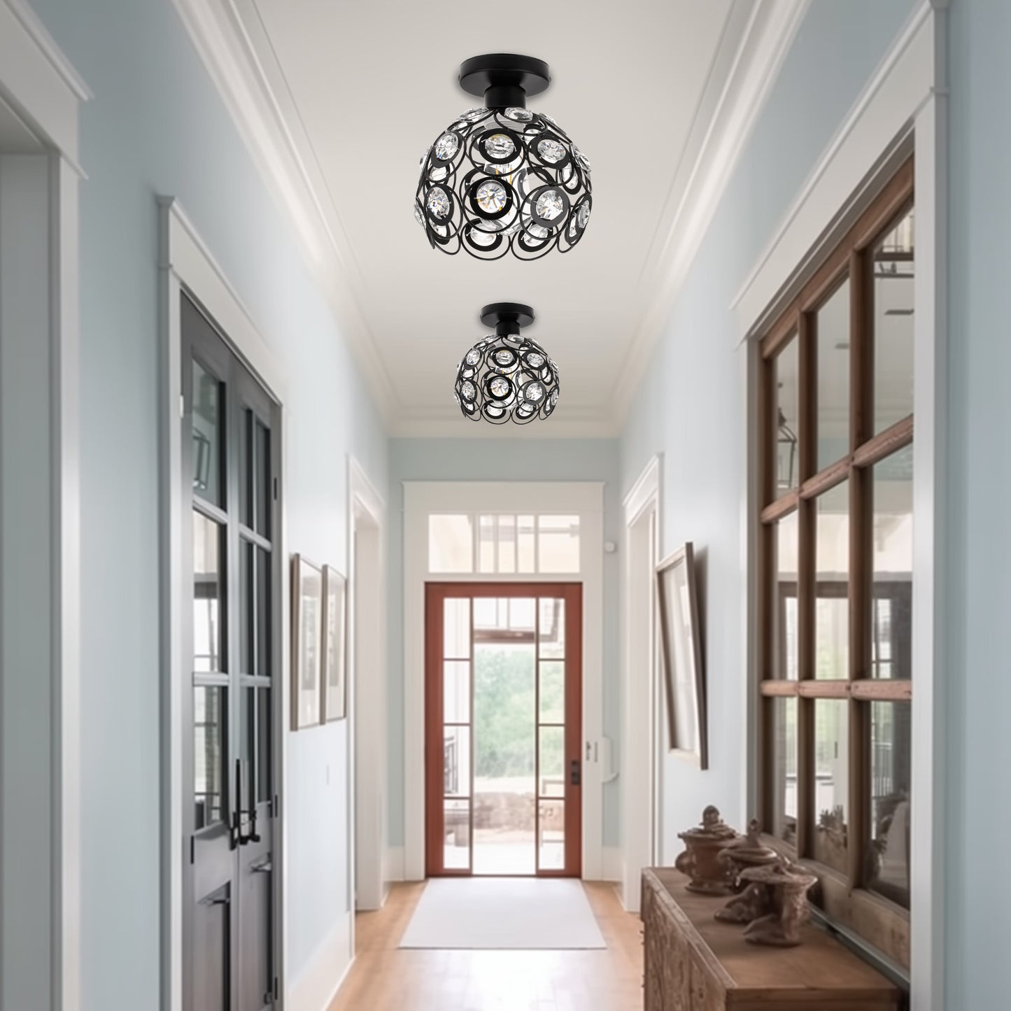 7 in. 1-Light Black Semi Flush Mount Ceiling Light Fixture with Antique Metal Crystal Shade