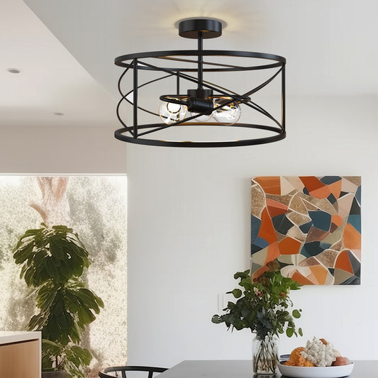 YANSUN 14.57 in.3-Light Matte Black Semi- Flush Mount with Drum Cage for Bedroom Hallway