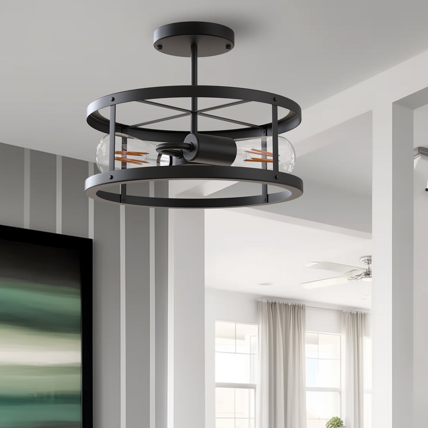 YANSUN 13 in. 2-Light Matte Black Drum Flush Mount Lighting Dimmable Metal Ceiling Light Fixture for Living Rooms