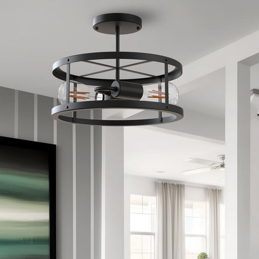 YANSUN 13 in. 2-Light Matte Black Drum Flush Mount Lighting Dimmable Metal Ceiling Light Fixture for Living Rooms