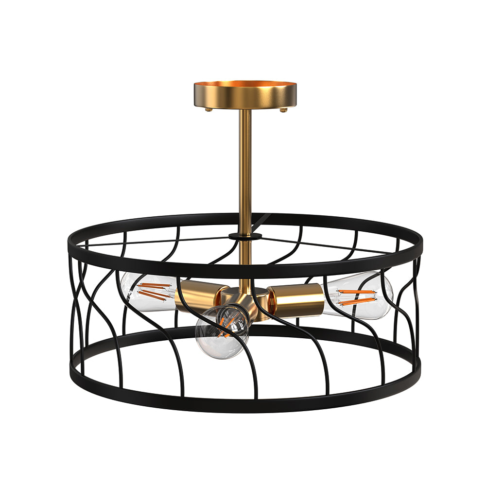 YANSUN 16.5 in. 3-Light Black and Gold Metal Semi-Flush Mount with Drum Shape