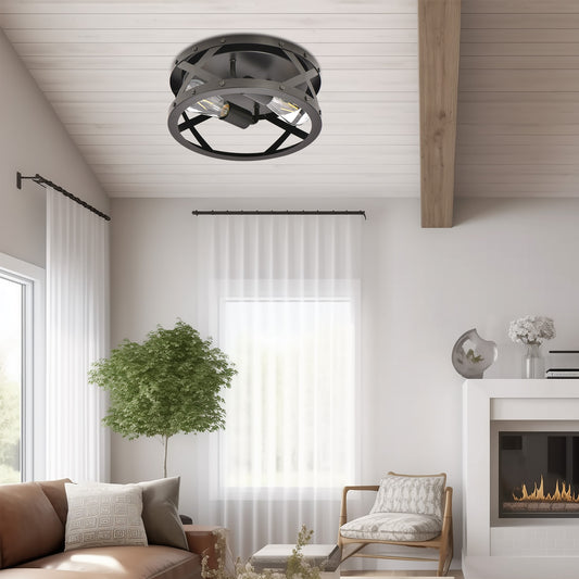 YANSUN 11.8 in. 2-Light Matte Black Flush Mount with Drum Shape