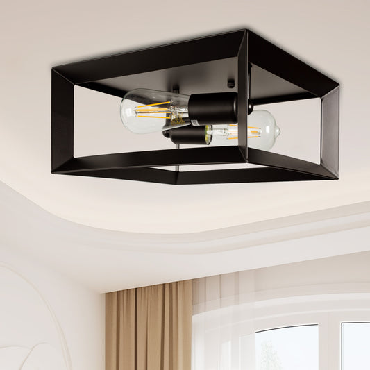 YANSUN 11 in. 2-Light Black Farmhouse Caged Square Flush Mount Industrial Vintage Ceiling Lighting