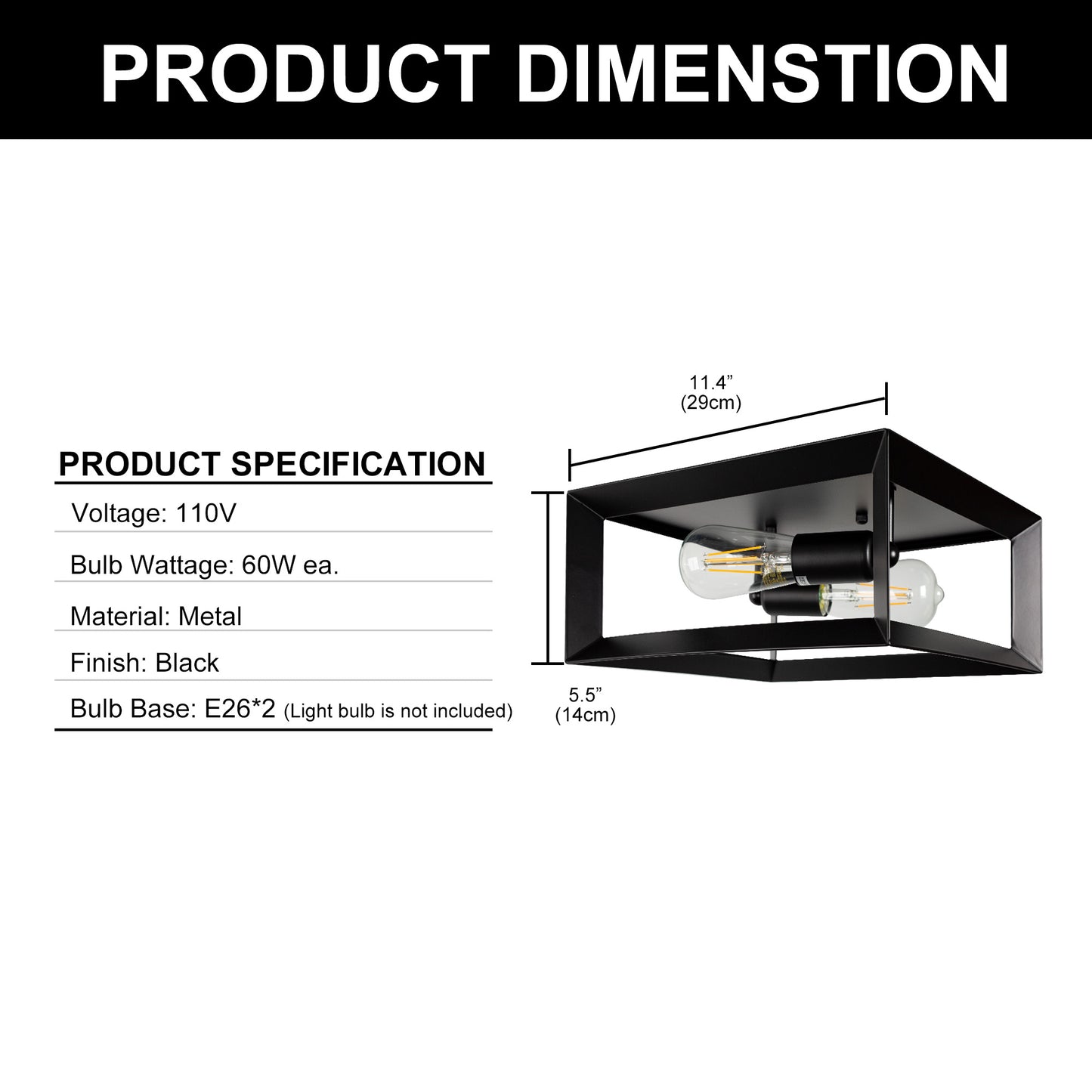 YANSUN 11 in. 2-Light Black Farmhouse Caged Square Flush Mount Industrial Vintage Ceiling Lighting