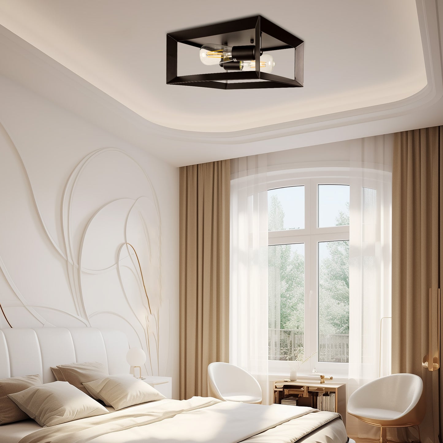 YANSUN 11 in. 2-Light Black Farmhouse Caged Square Flush Mount Industrial Vintage Ceiling Lighting