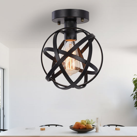 Globe Ceiling Light Fixture, Semi-Flush Mount Ceiling Light with Mini Metal Cage, Hanging Light Fixture for Foyer Hallway Stairway Porch Bedro