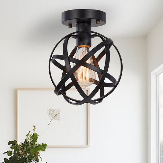 YANSUN Black Spherical Ceiling Light Fixture, Vintage Semi-Flush Mount Ceiling Light for Hallway Stairway Porch Bedroom Kitchen