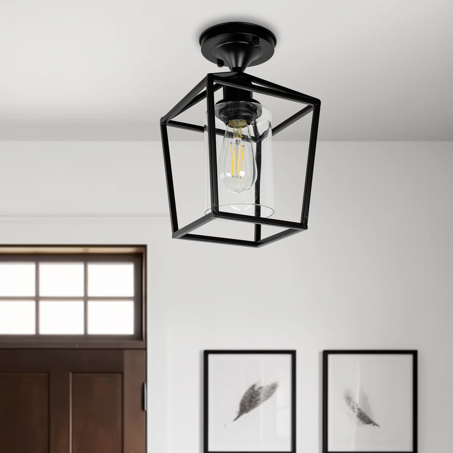 YANSUN 7 in. 1-Light Black Farmhouse Retro Cage Semi Flush Mount