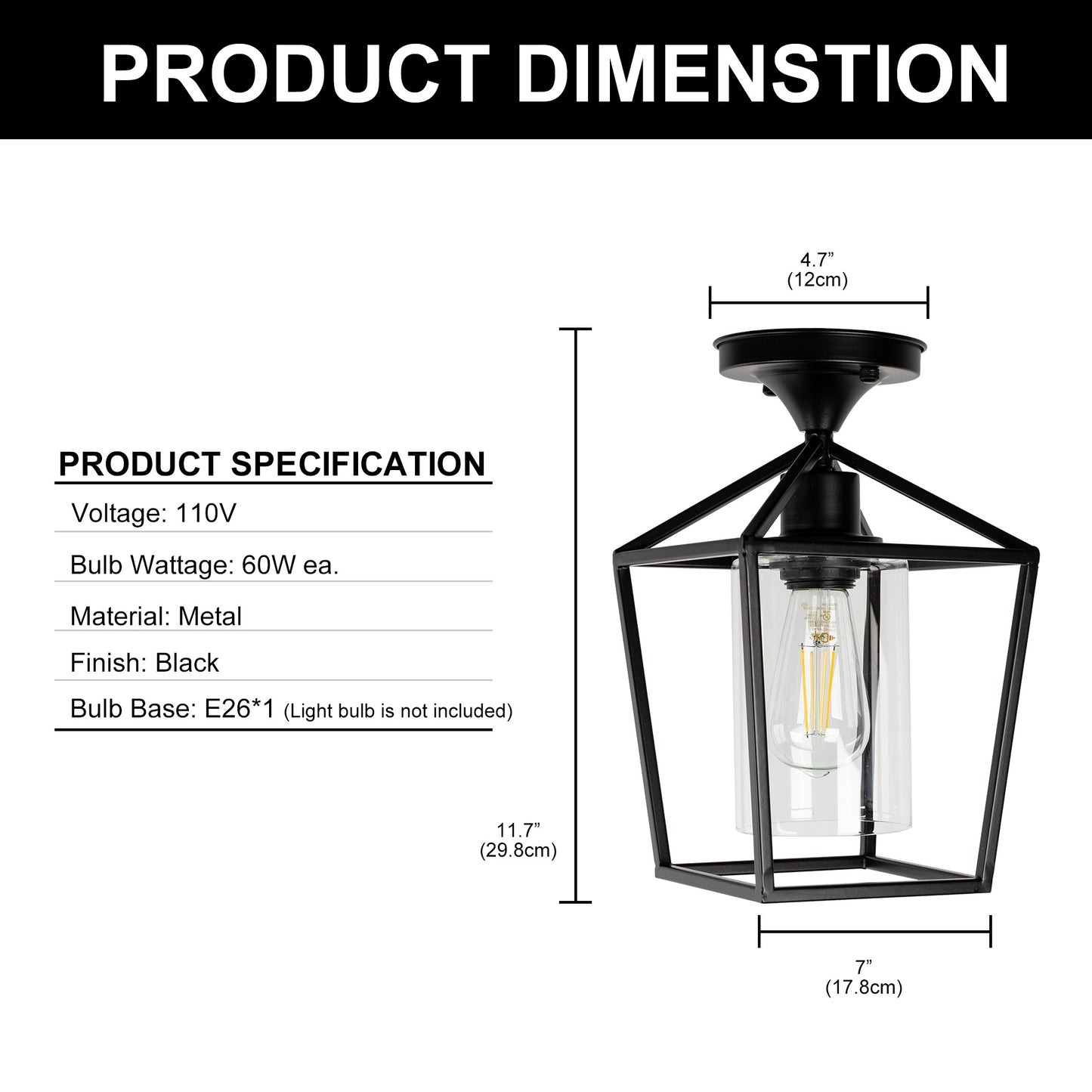 YANSUN 7 in. 1-Light Black Farmhouse Retro Cage Semi Flush Mount