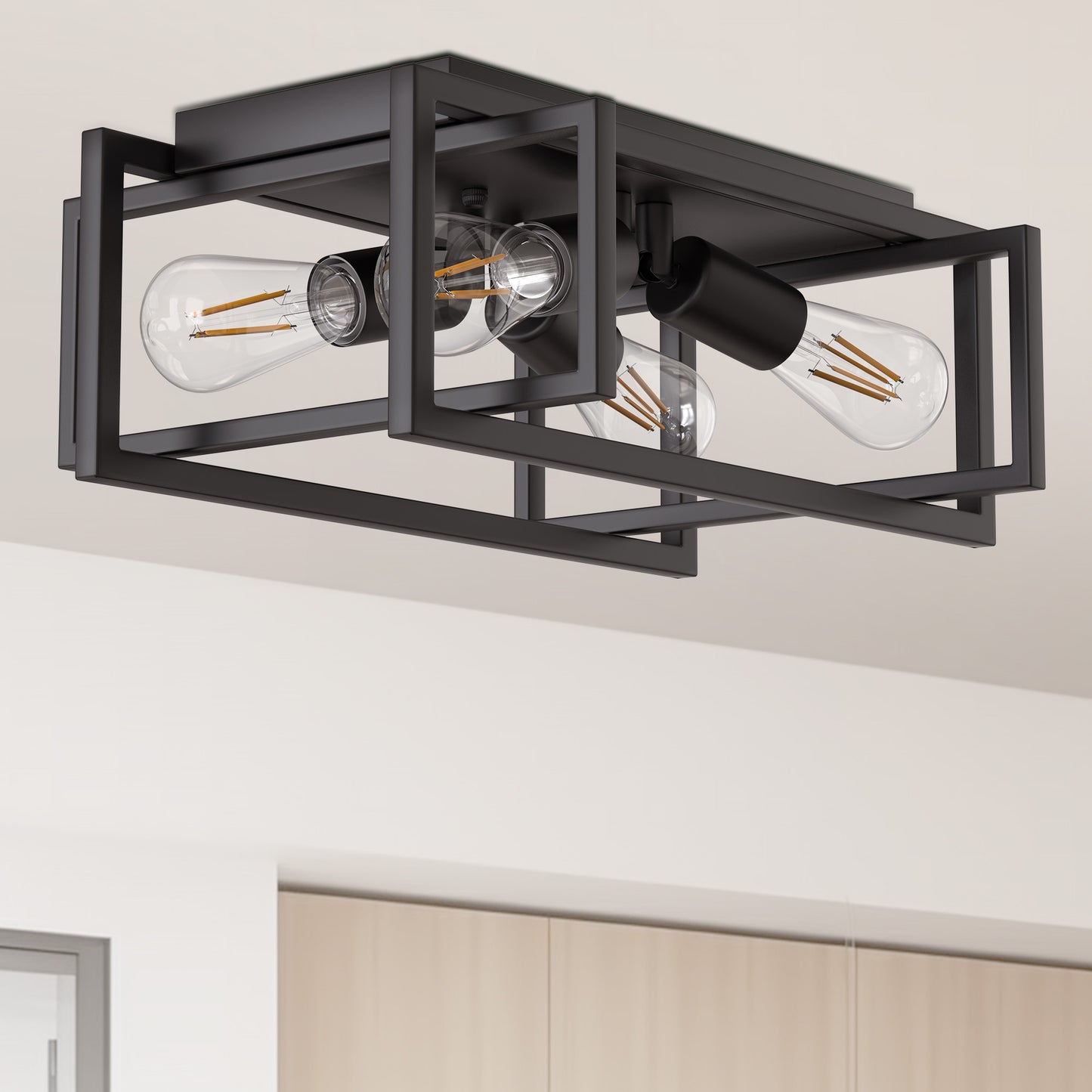 11.41 in. 4-Light Industrial Caged Flush Mount , Metal Black Square Ceiling Light Fixtures for Kitchen Island