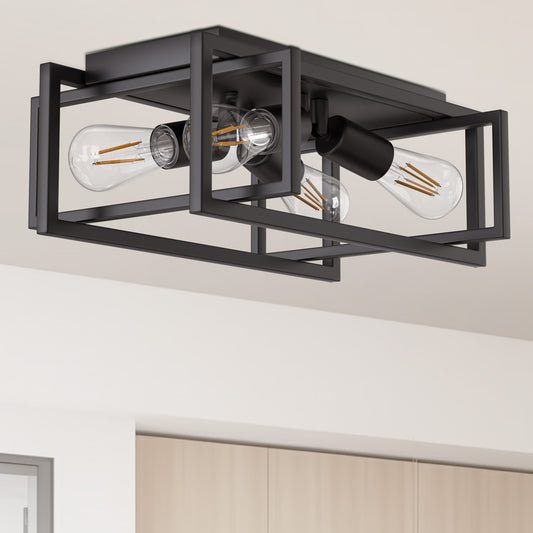 11.41 in. 4-Light Industrial Caged Flush Mount , Metal Black Square Ceiling Light Fixtures for Kitchen Island