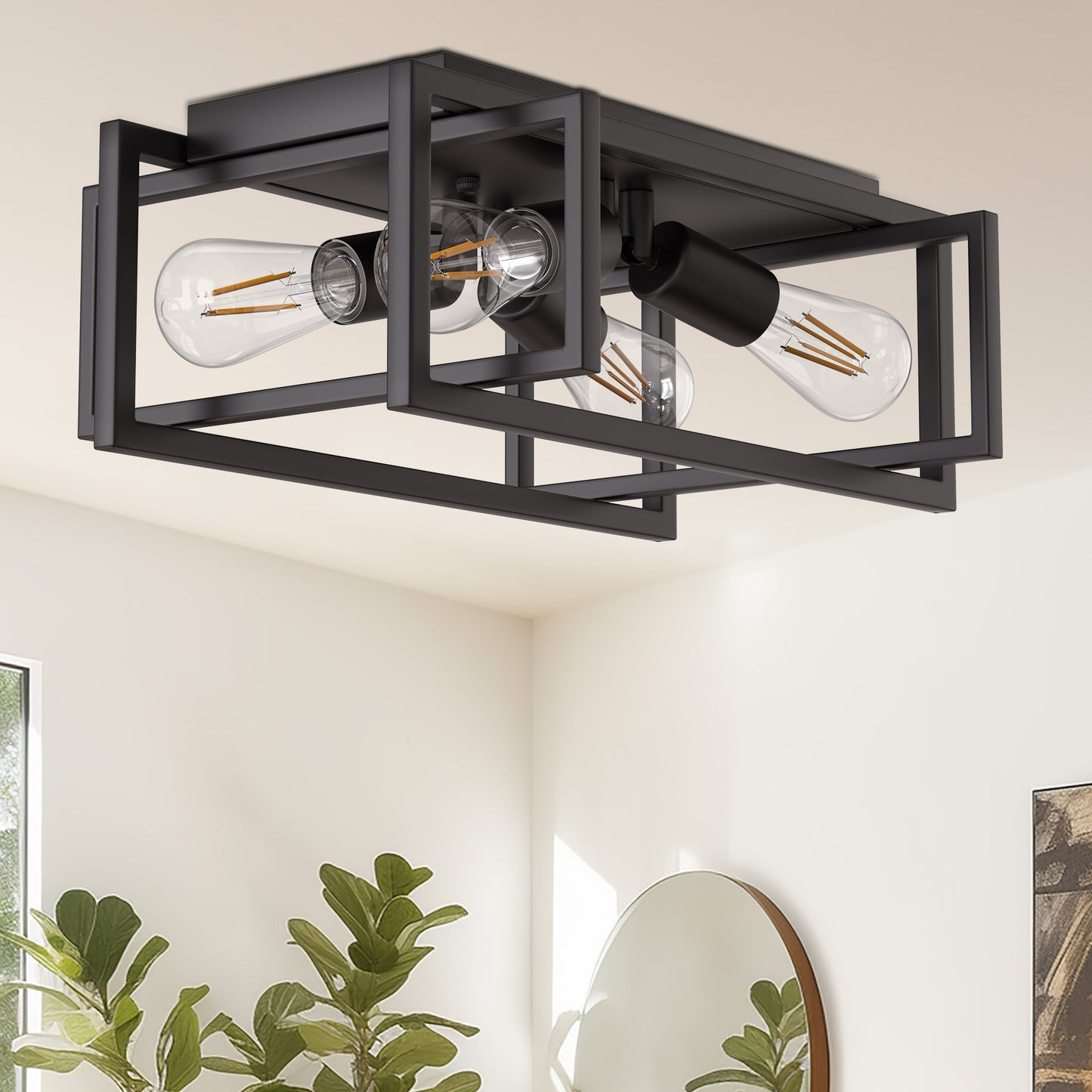 YANSUN 11.41 in. 4-Light Industrial Caged Flush Mount , Metal Black Square Ceiling Light Fixtures for Kitchen Island