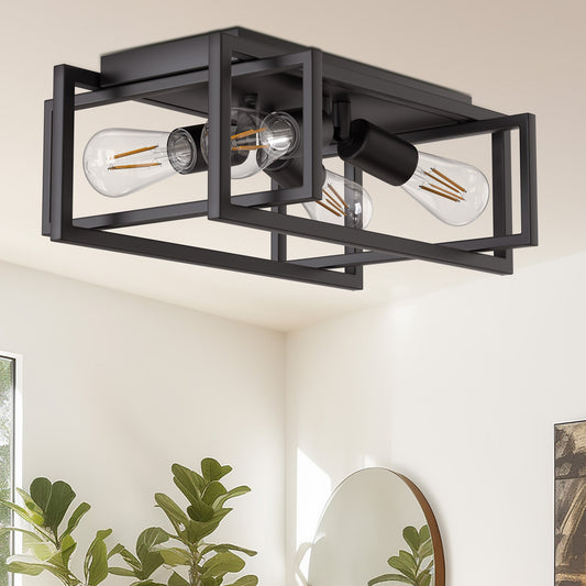 YANSUN 11.41 in. 4-Light Industrial Caged Flush Mount , Metal Black Square Ceiling Light Fixtures for Kitchen Island