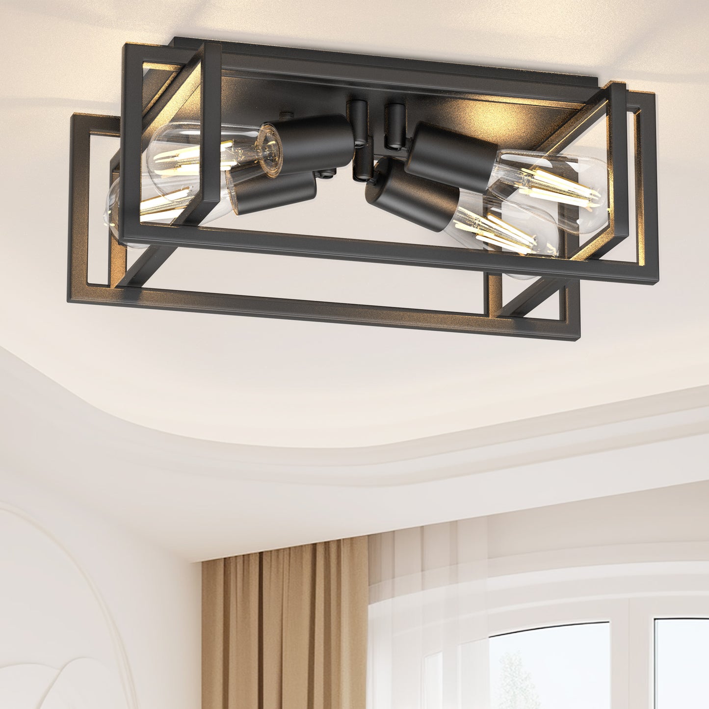11.41 in. 4-Light Industrial Caged Flush Mount , Metal Black Square Ceiling Light Fixtures for Kitchen Island
