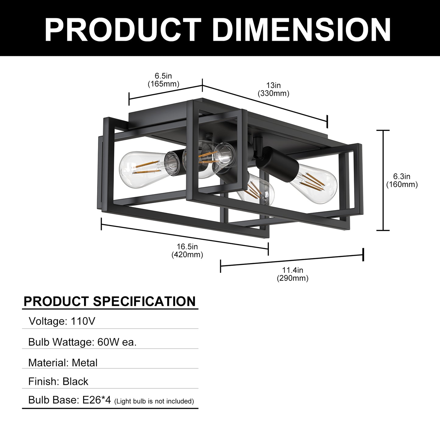 YANSUN 11.41 in. 4-Light Industrial Caged Flush Mount , Metal Black Square Ceiling Light Fixtures for Kitchen Island