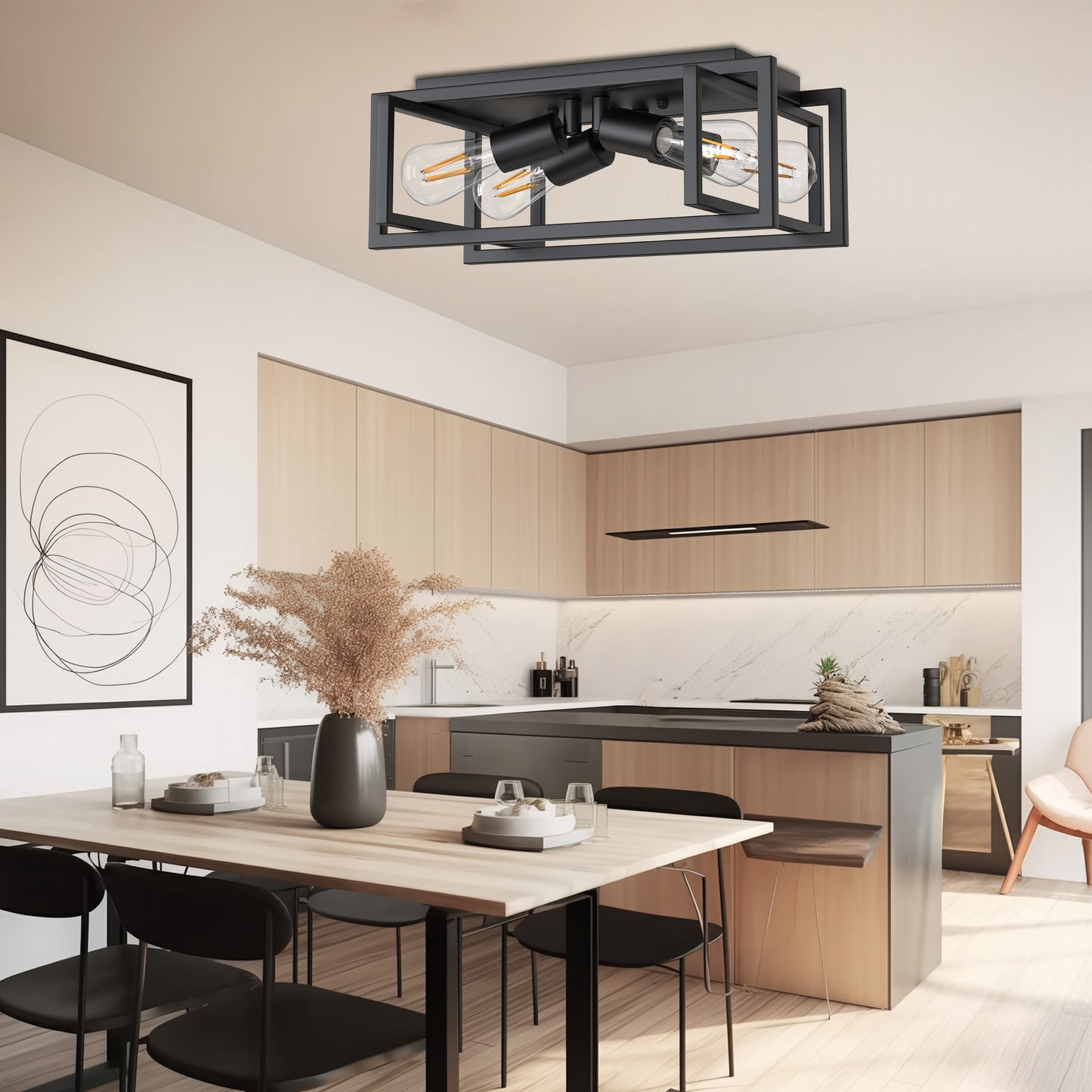 11.41 in. 4-Light Industrial Caged Flush Mount , Metal Black Square Ceiling Light Fixtures for Kitchen Island