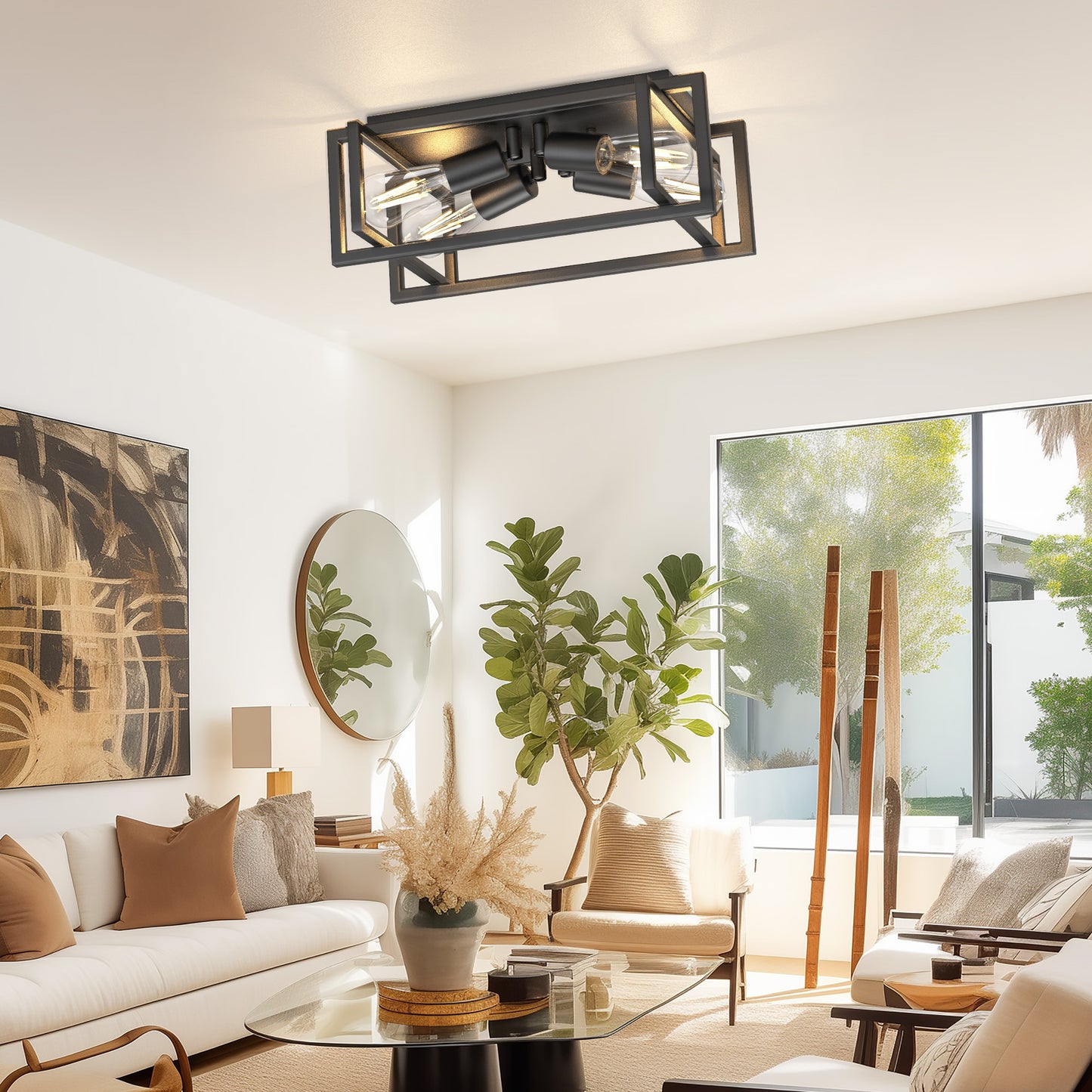 11.41 in. 4-Light Industrial Caged Flush Mount , Metal Black Square Ceiling Light Fixtures for Kitchen Island