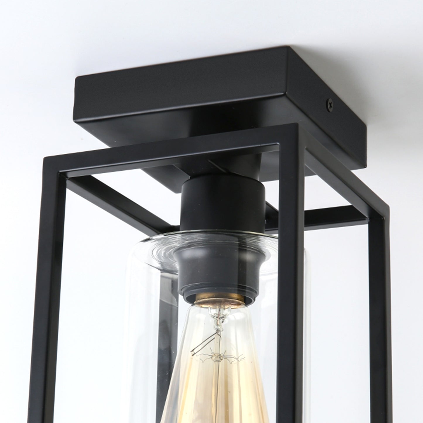 YANSUN 5.51 in. 1-Light Black Metal Frame Flush Mount with Clear Glass Shade