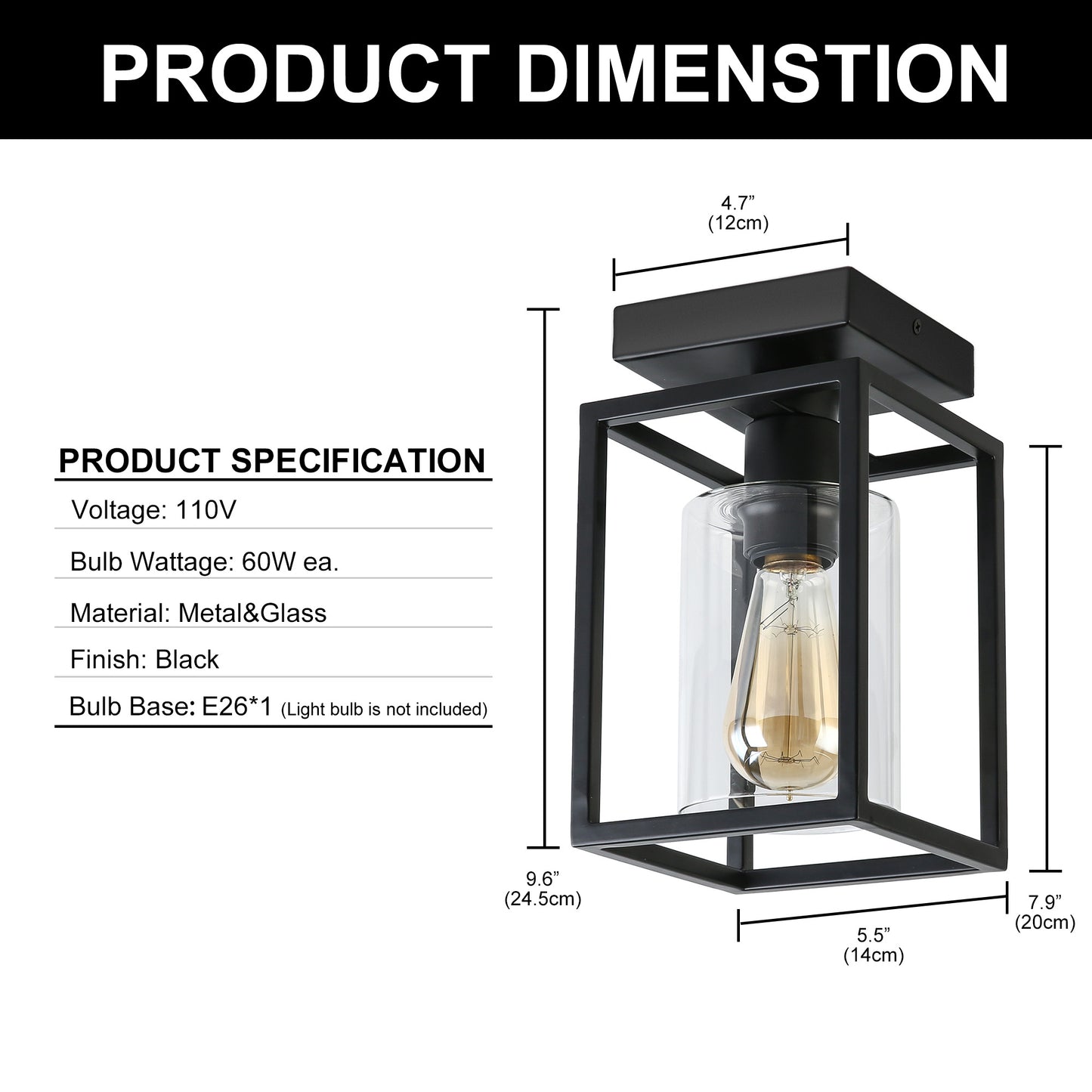 YANSUN 5.51 in. 1-Light Black Metal Frame Flush Mount with Clear Glass Shade