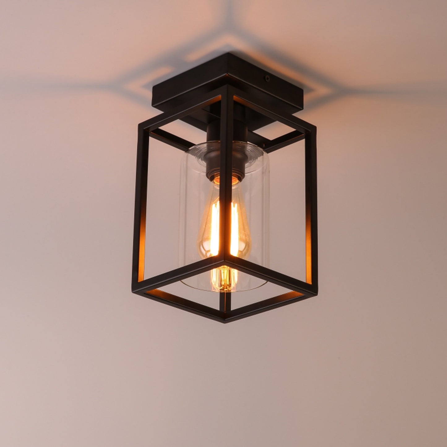 YANSUN 5.51 in. 1-Light Black Metal Frame Flush Mount with Clear Glass Shade