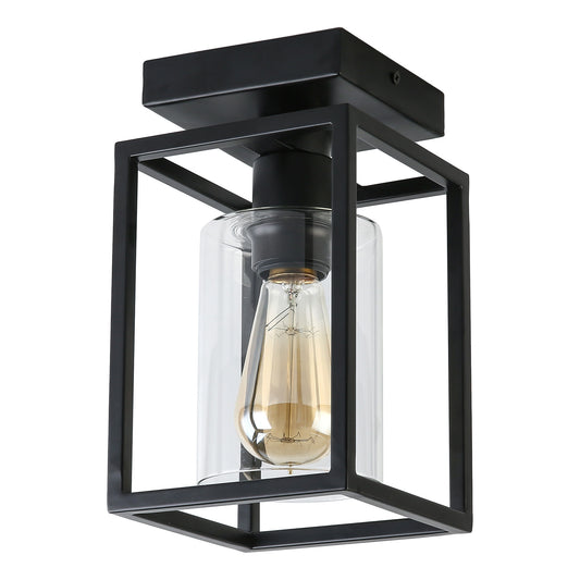 YANSUN 5.51 in. 1-Light Black Metal Frame Flush Mount with Clear Glass Shade