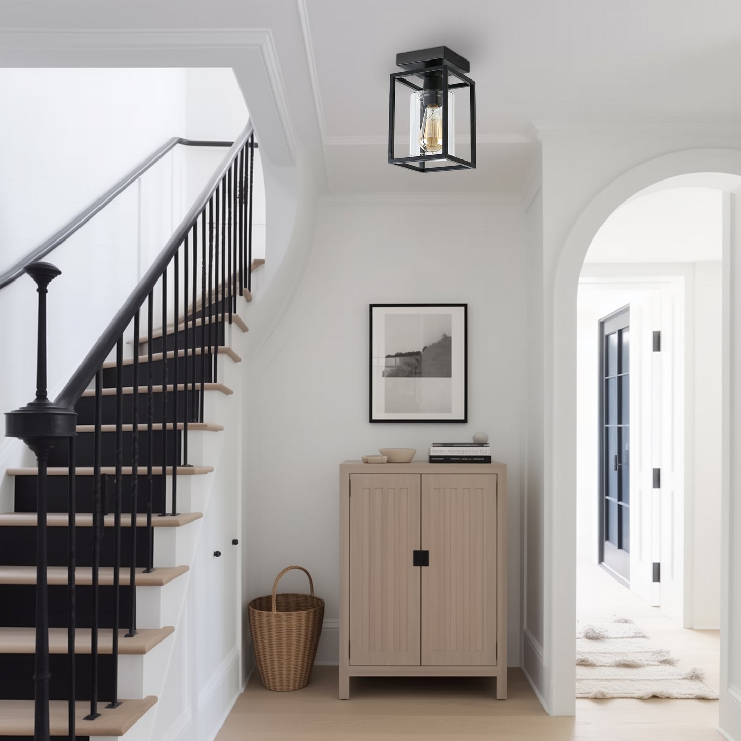 Flush Mount Ceiling Light Fixture, Black Metal Frame Ceiling Light Fixture with Clear Glass Shade, Farmhouse Light Fixture for Kitchen Island Entryway Porch Foyer Dining Room