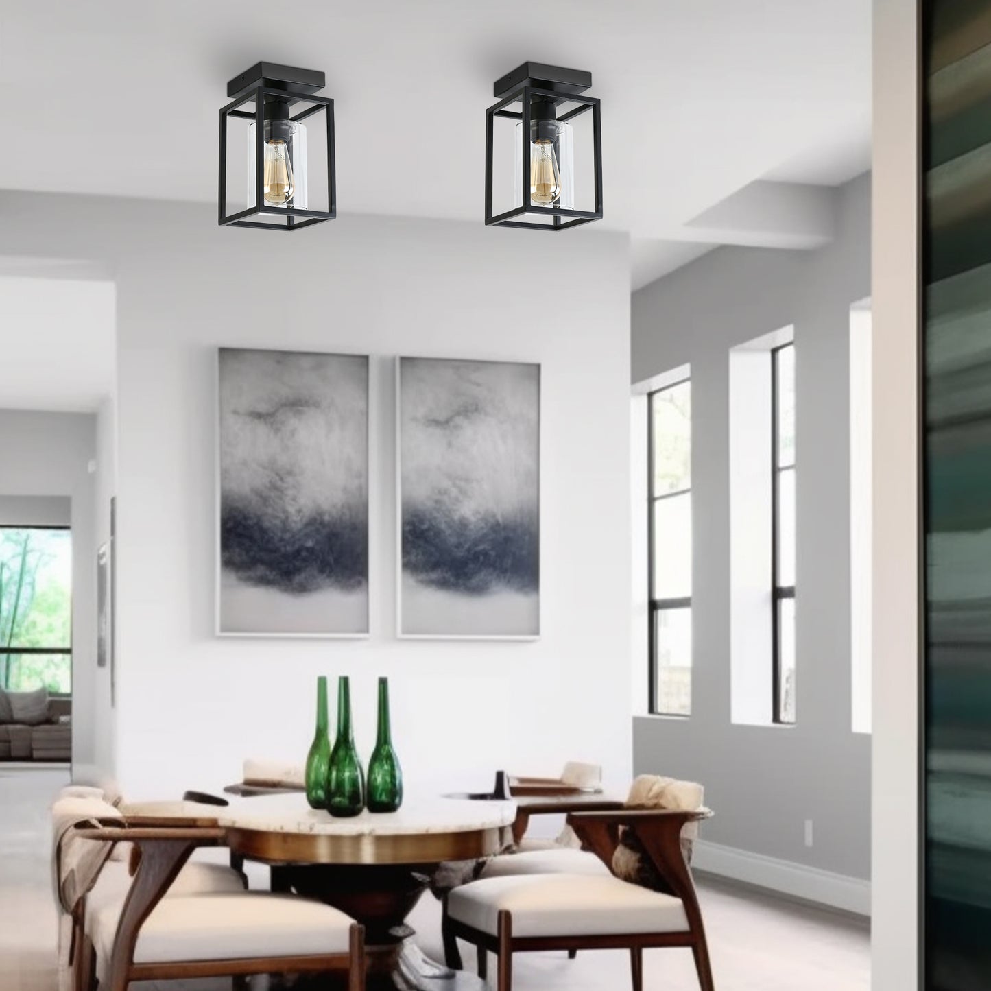 YANSUN 5.51 in. 1-Light Black Metal Frame Flush Mount with Clear Glass Shade