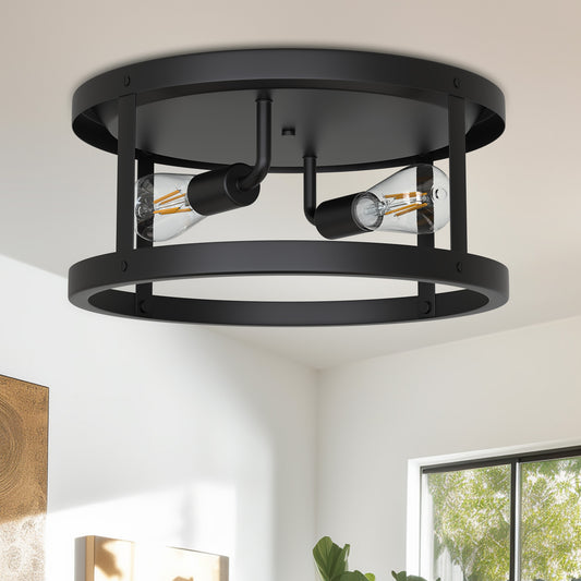 YANSUN 2-Light 12.6 in. Matte Black Drum Flush Mount Ceiling Light