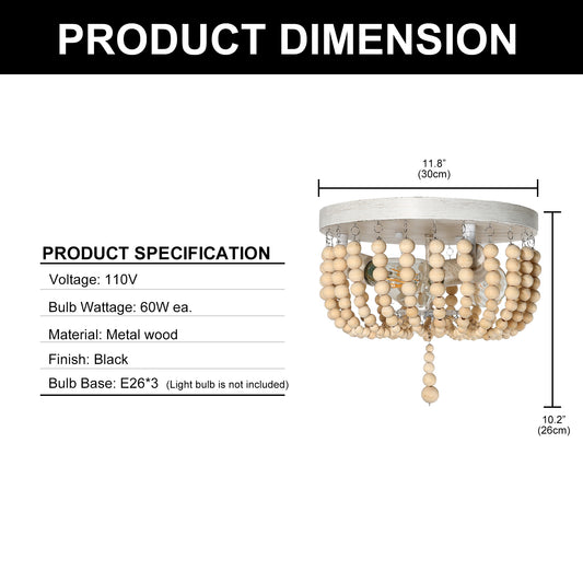 YANSUN 3-Light Boho Farmhouse Drum Flush Mount Ceiling Light Fixture Wood Beaded Chandelier for Hallway Baby's Nursery Bedroom