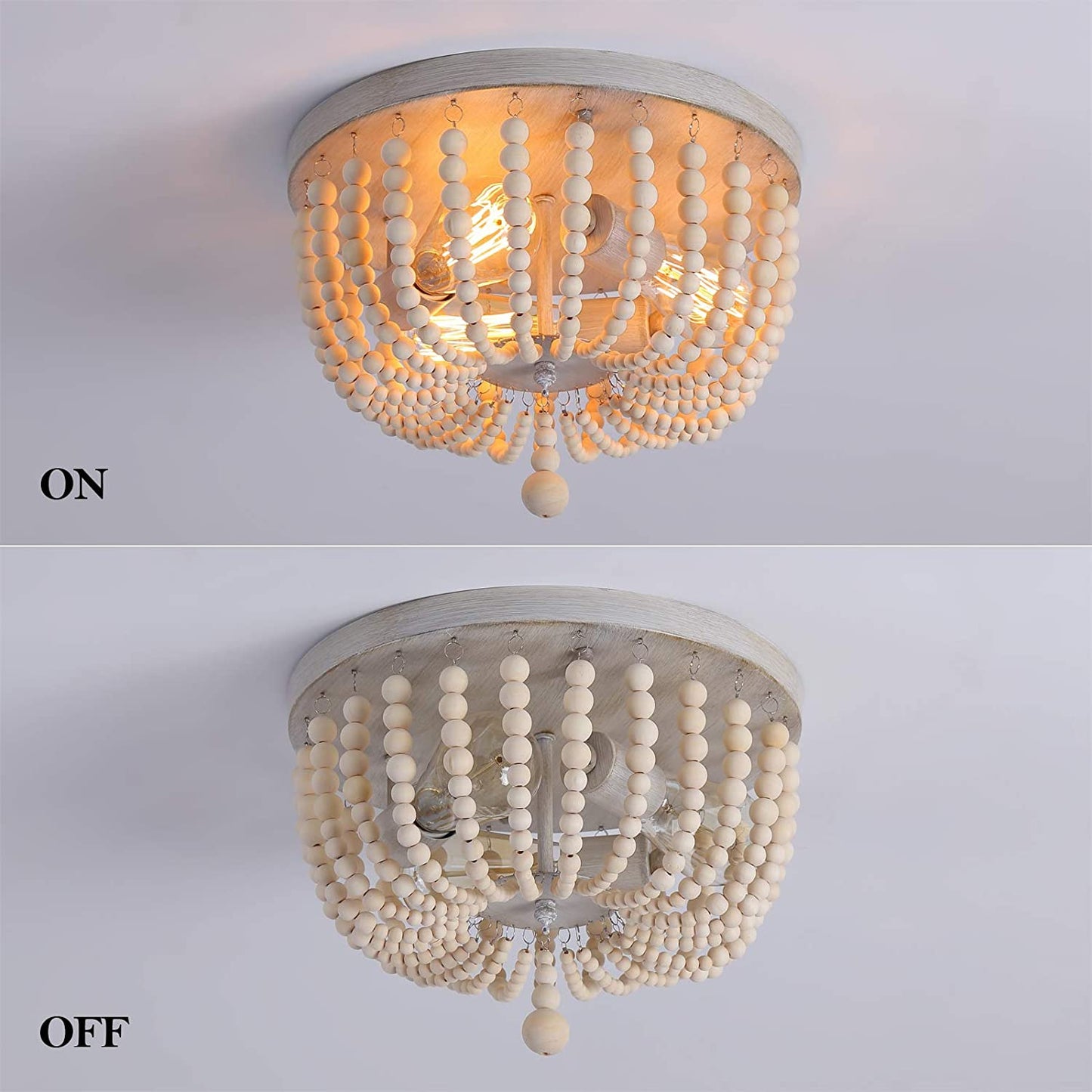 YANSUN 3-Light Boho Farmhouse Drum Flush Mount Ceiling Light Fixture Wood Beaded Chandelier for Hallway Baby's Nursery Bedroom