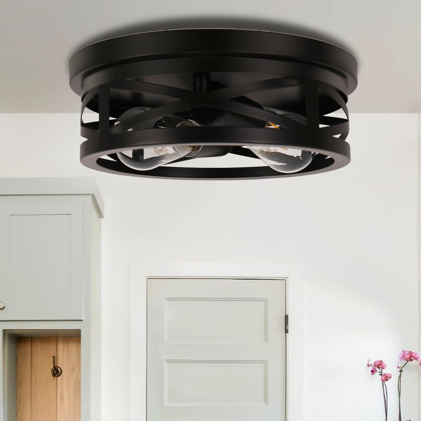11 in. 2-Light Black Farmhouse Flush Mount with Drum Metal Cage Shade for Entryway Bedroom (2-Pack)