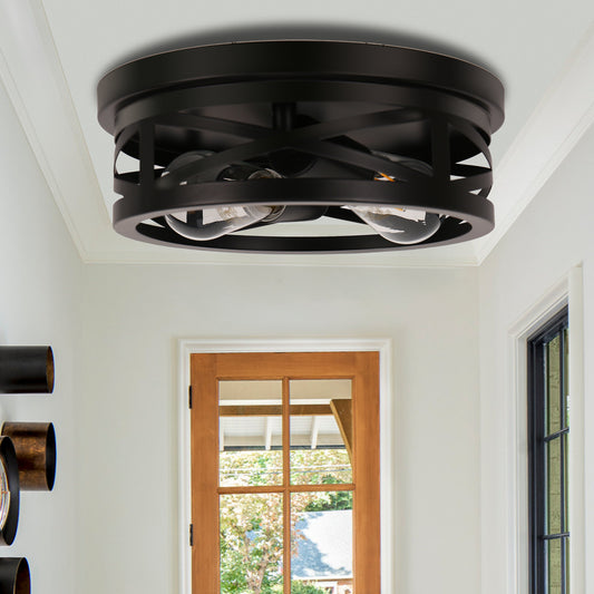 11 in. 2-Light Black Farmhouse Flush Mount with Drum Metal Cage Shade for Entryway Bedroom (2-Pack)