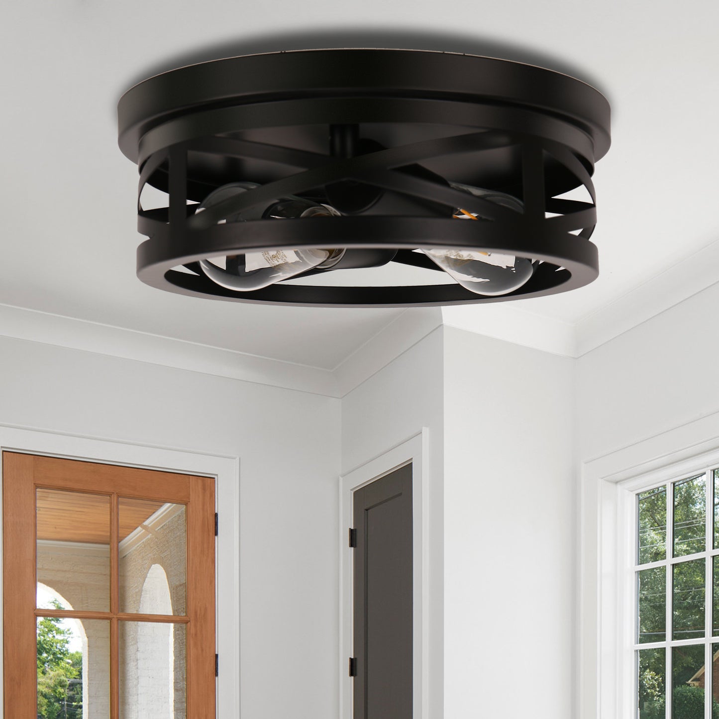 11 in. 2-Light Black Farmhouse Flush Mount with Drum Metal Cage Shade for Entryway Bedroom (2-Pack)
