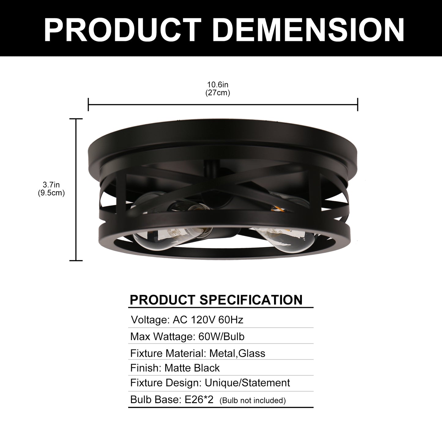 11 in. 2-Light Black Farmhouse Flush Mount with Drum Metal Cage Shade for Entryway Bedroom (2-Pack)