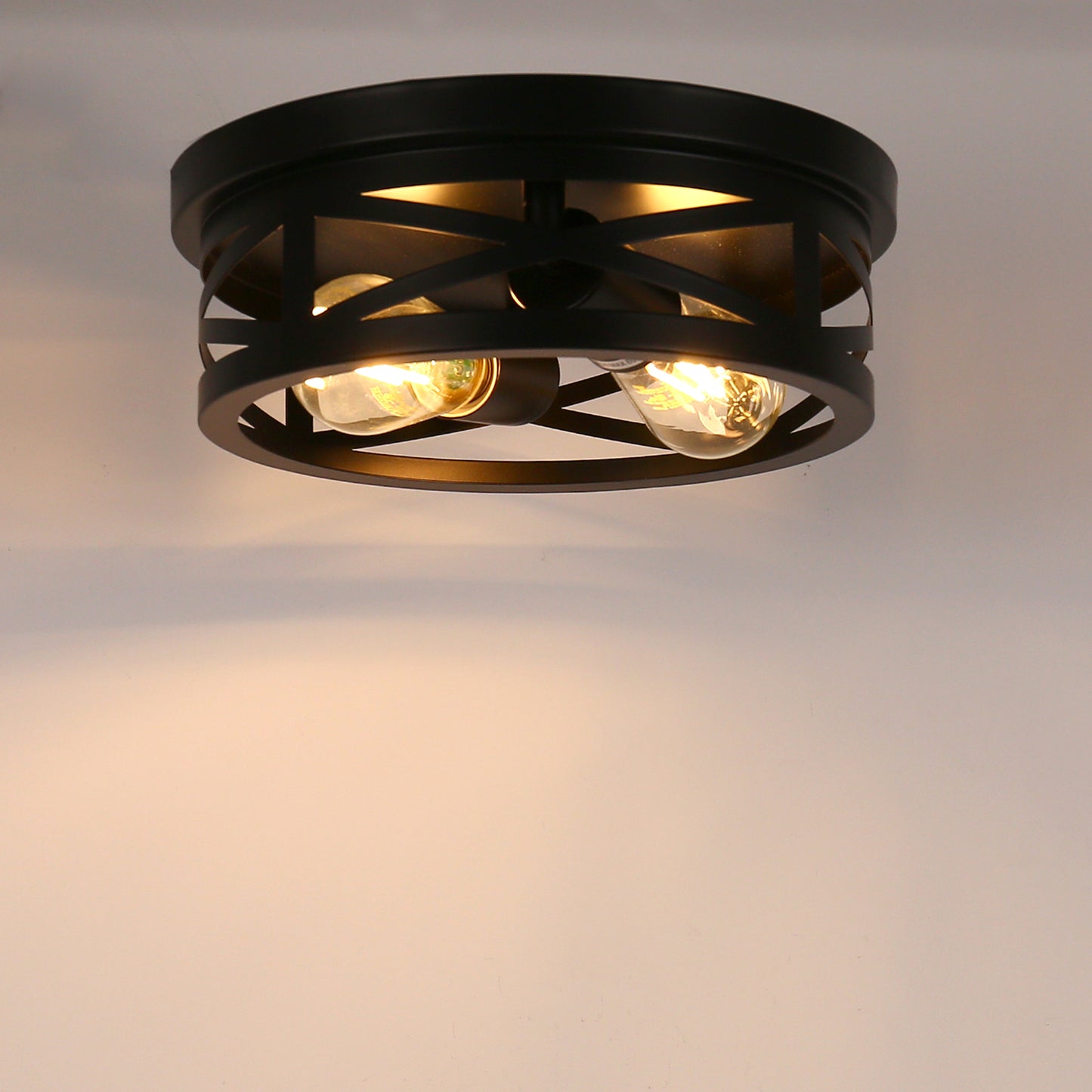 11 in. 2-Light Black Farmhouse Flush Mount with Drum Metal Cage Shade for Entryway Bedroom (2-Pack)