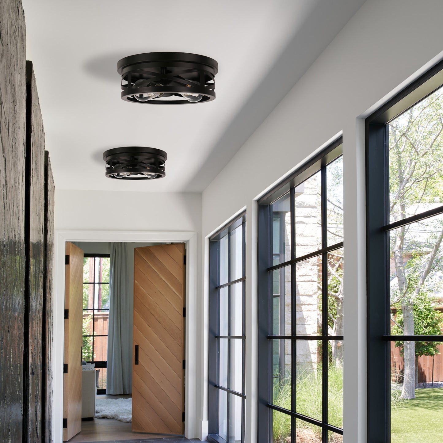 11 in. 2-Light Black Farmhouse Flush Mount with Drum Metal Cage Shade for Entryway Bedroom (2-Pack)