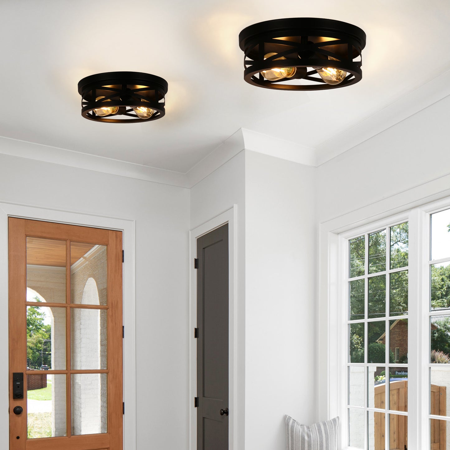 11 in. 2-Light Black Farmhouse Flush Mount with Drum Metal Cage Shade for Entryway Bedroom (2-Pack)