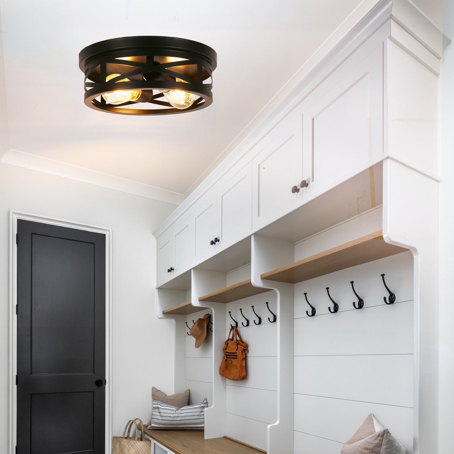 11 in. 2-Light Black Farmhouse Flush Mount with Drum Metal Cage Shade for Entryway Bedroom (2-Pack)